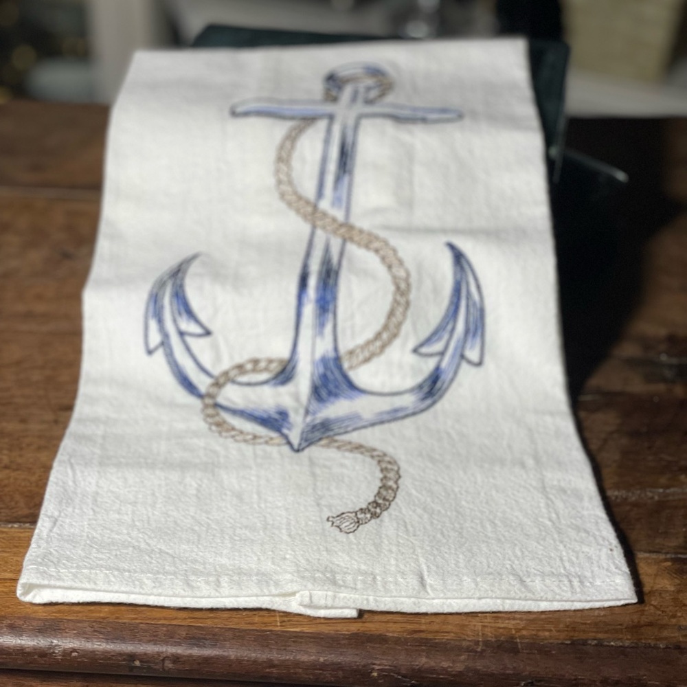 Blue & white anchor nautical tea towel